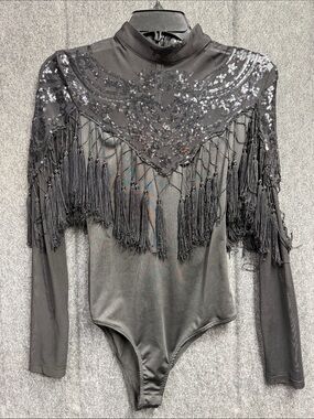 Banjul Black Sequin Fringe Long-Sleeve Bodysuit